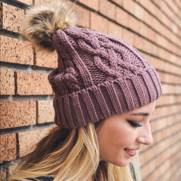 Mauve Pom Pom Vegan Friendly Winter Beanie OS - Picture 4 of 4